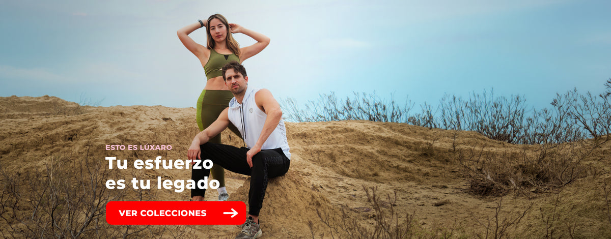 Mujer y hombre usando ropa deportiva Luxaro de la colección Alba del Norte